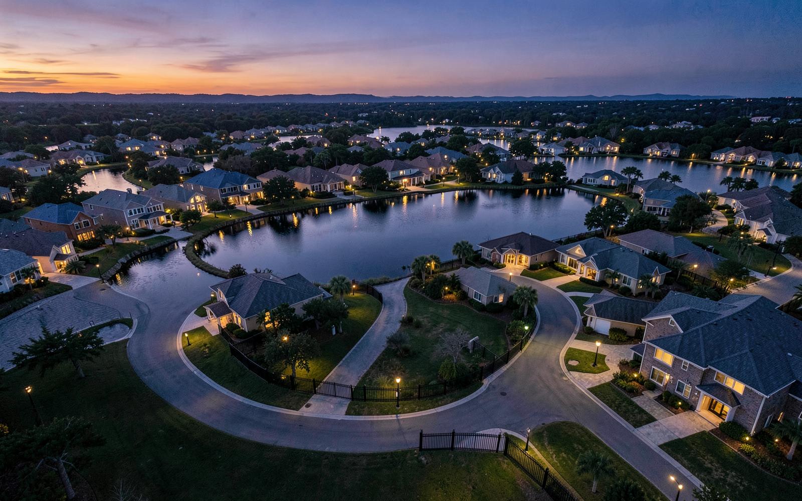 Aerial view of a gated master-planned community at twilight
