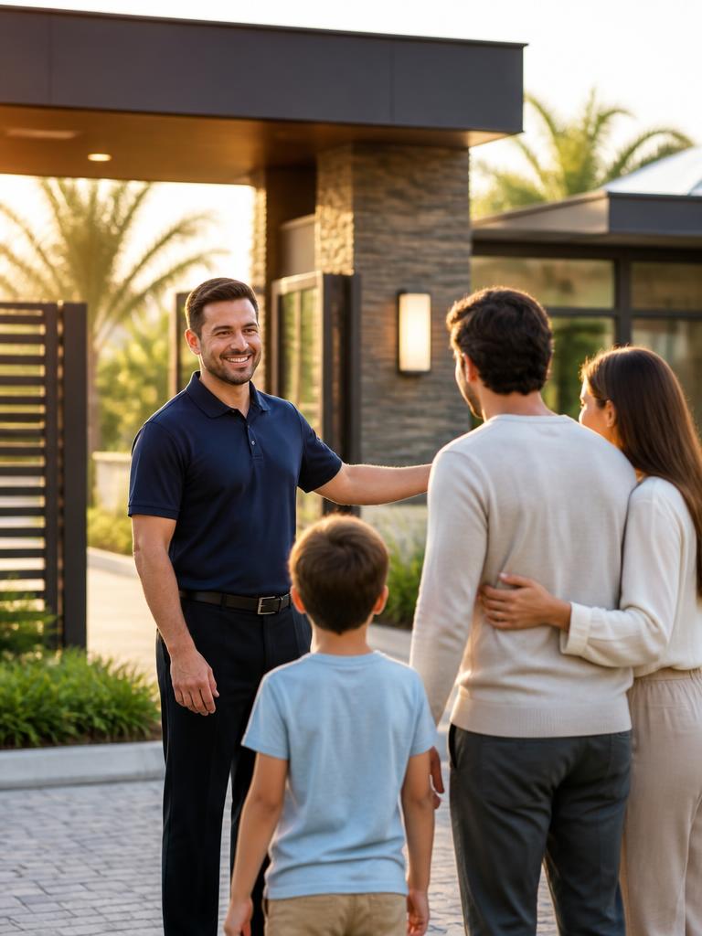 Community security professional greeting a resident family at a gated entrance