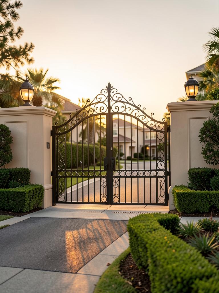 Wrought-iron gates and lit stone pillars at the entrance of a private community
