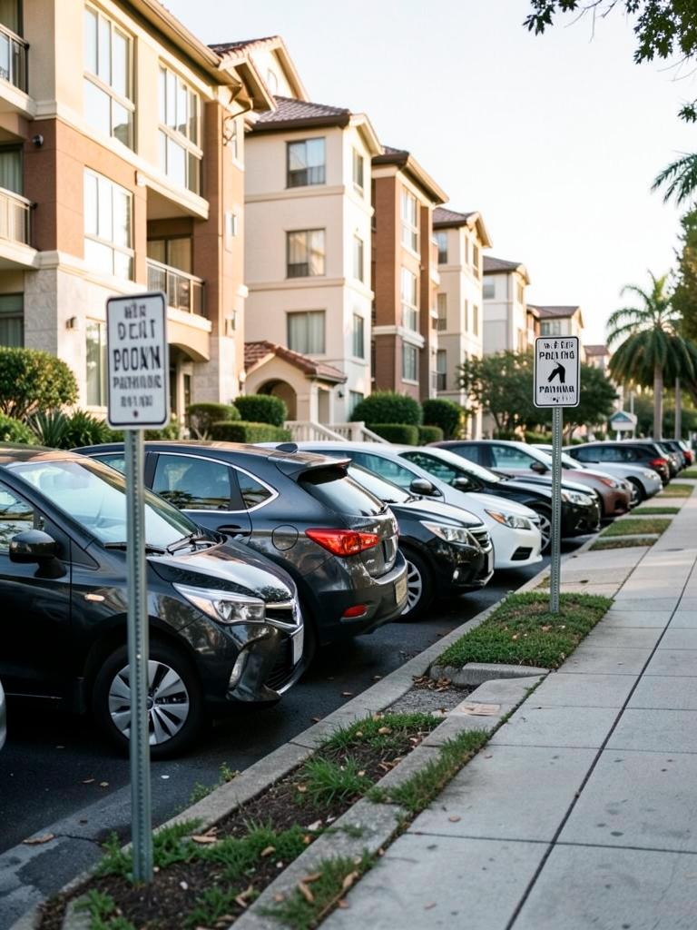 Cars parked along the curb of a condominium community beside permit parking signs