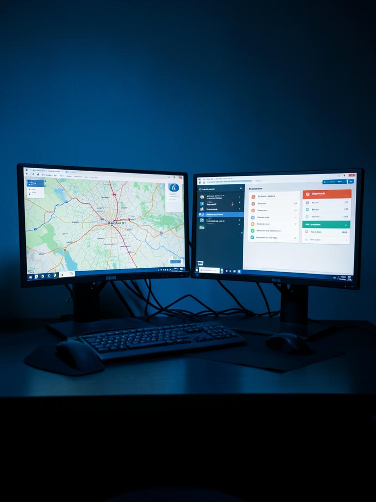 Operations desk with monitors showing patrol maps and incident reporting dashboards