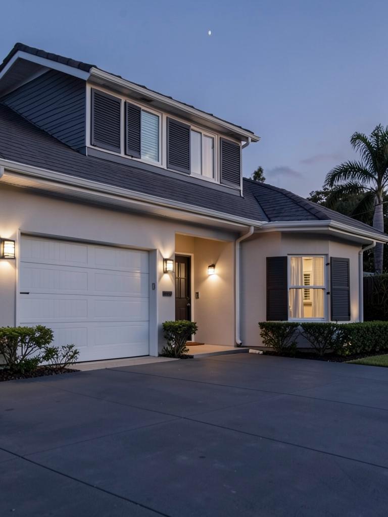 Exterior of a quiet home with an empty driveway and porch lights on at dusk