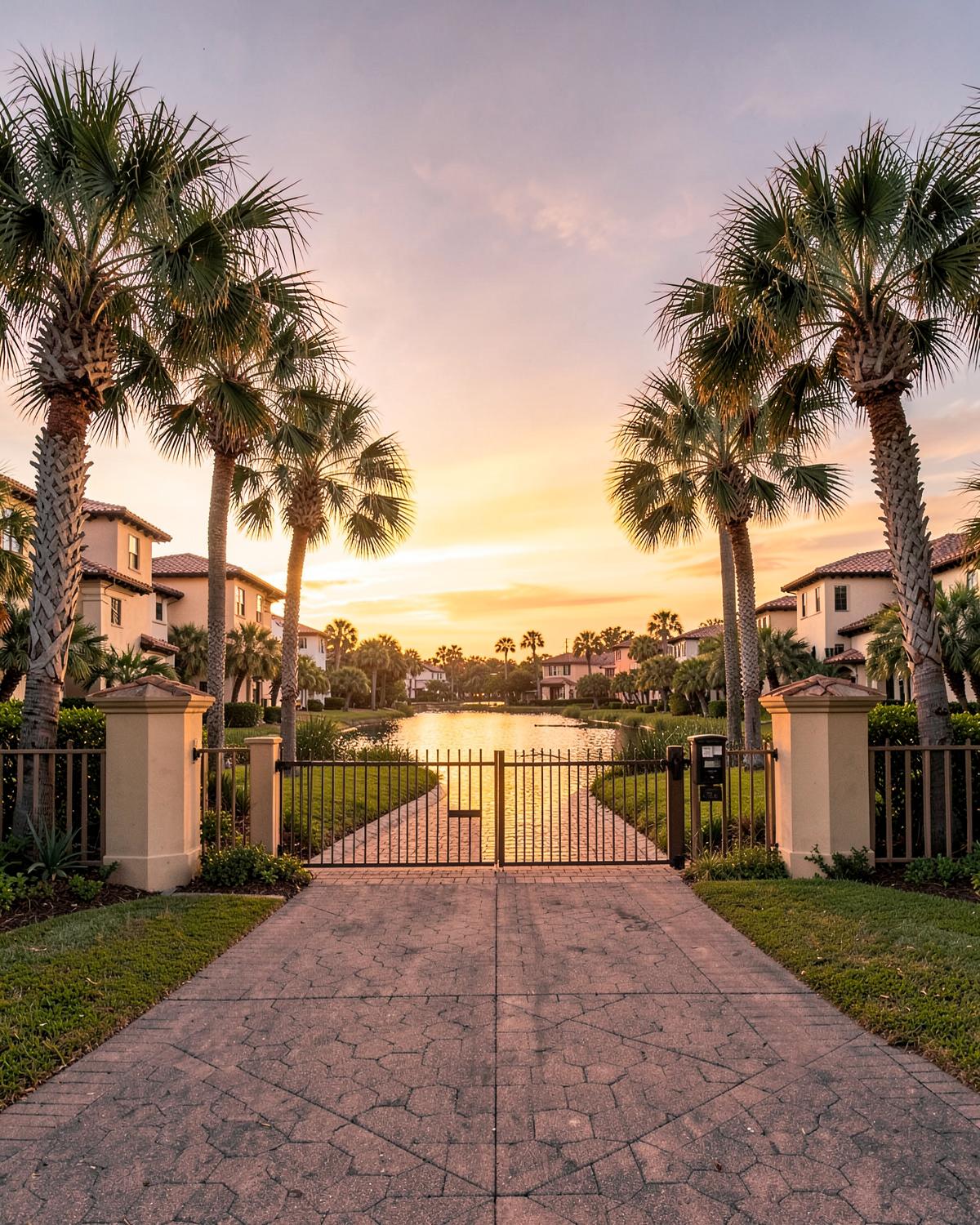 Palm-lined gated community entrance beside a lake in Florida at sunset