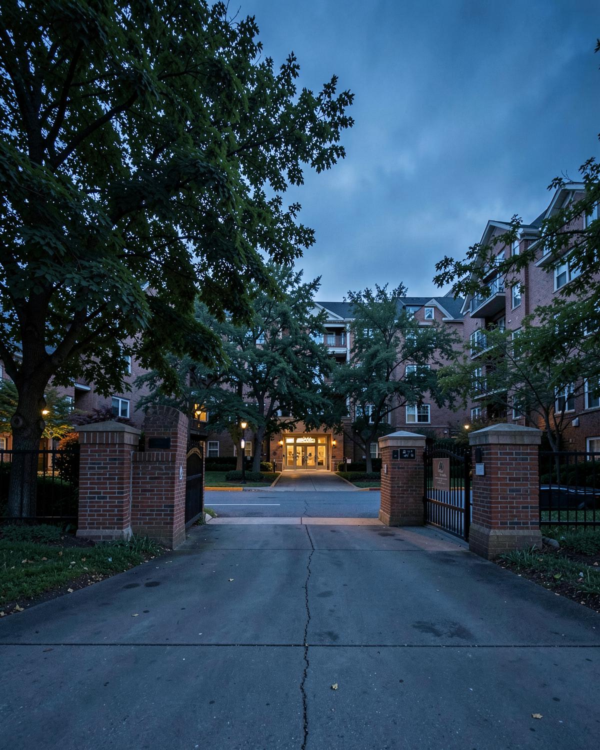 Brick-pillared entrance to a condominium community near Chicago at blue hour