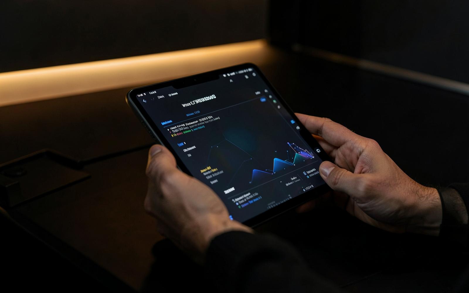Hands holding a tablet displaying a dark security reporting interface